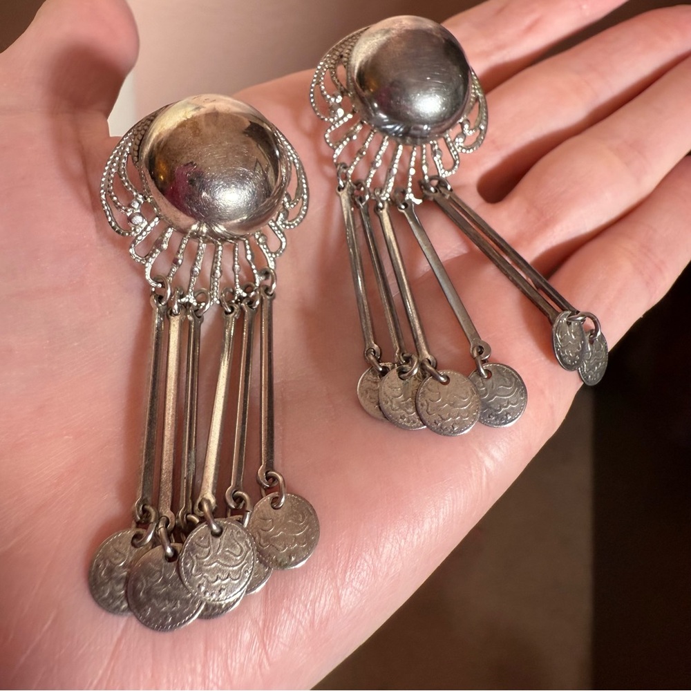 Vintage 1940 1950 oversized retro art deco silver modernist screw back earrings